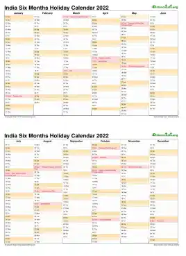 Calendar Vertical Six Months India Holiday 2022 2 Page