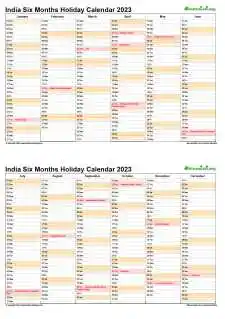 Calendar Vertical Six Months India Holiday 2023 2 Page