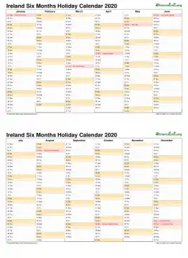 Calendar Vertical Six Months Ireland Holiday 2020 2 Page