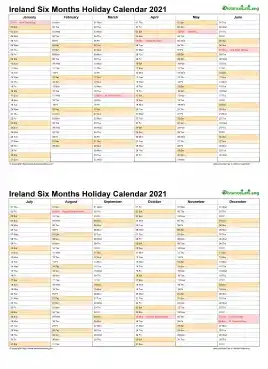 Calendar Vertical Six Months Ireland Holiday 2021 2 Page