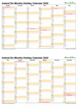Calendar Vertical Six Months Ireland Holiday 2022 2 Page