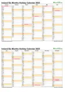 Calendar Vertical Six Months Ireland Holiday 2023 2 Page