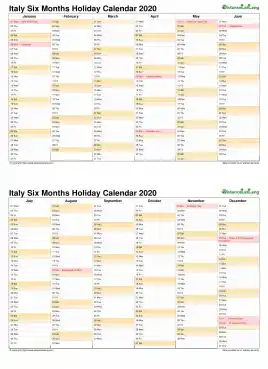 Calendar Vertical Six Months Italy Holiday 2020 2 Page