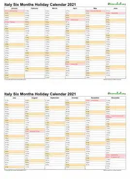 Calendar Vertical Six Months Italy Holiday 2021 2 Page