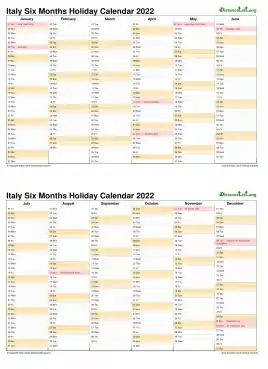 Calendar Vertical Six Months Italy Holiday 2022 2 Page