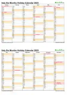 Calendar Vertical Six Months Italy Holiday 2023 2 Page