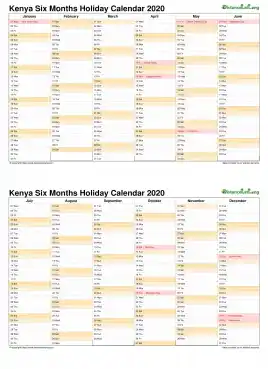 Calendar Vertical Six Months Kenya Holiday 2020 2 Page