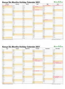 Calendar Vertical Six Months Kenya Holiday 2021 2 Page