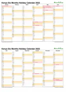 Calendar Vertical Six Months Kenya Holiday 2022 2 Page