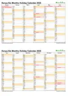 Calendar Vertical Six Months Kenya Holiday 2023 2 Page