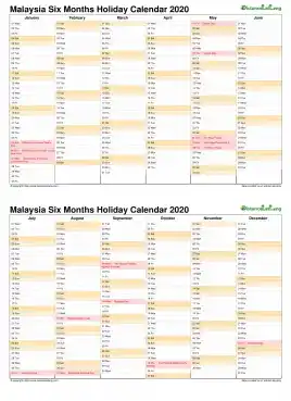 Calendar Vertical Six Months Malaysia Holiday 2020 2 Page