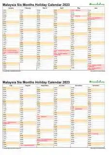 Calendar Vertical Six Months Malaysia Holiday 2023 2 Page