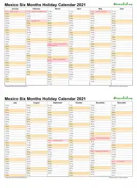Calendar Vertical Six Months Mexico Holiday 2021 2 Page