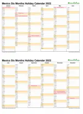 Calendar Vertical Six Months Mexico Holiday 2022 2 Page