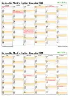 Calendar Vertical Six Months Mexico Holiday 2023 2 Page