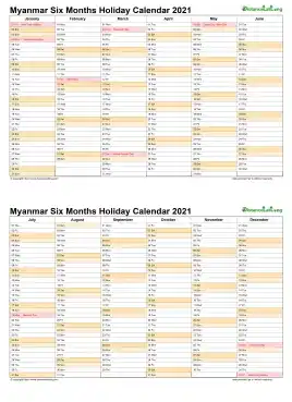 Calendar Vertical Six Months Myanmar Holiday 2021 2 Page