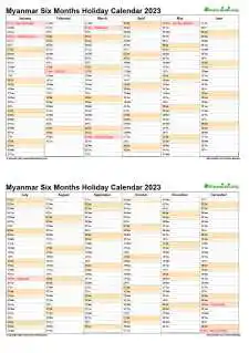 Calendar Vertical Six Months Myanmar Holiday 2023 2 Page