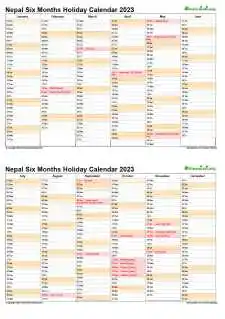 Calendar Vertical Six Months Nepal Holiday 2023 2 Page