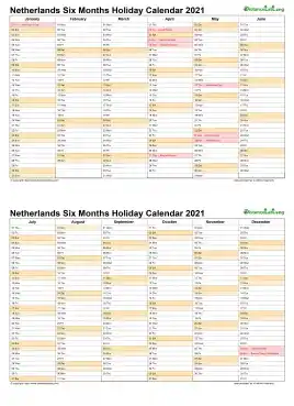 Calendar Vertical Six Months Netherlands Holiday 2021 2 Page