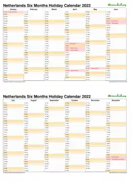 Calendar Vertical Six Months Netherlands Holiday 2022 2 Page
