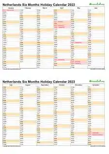 Calendar Vertical Six Months Netherlands Holiday 2023 2 Page
