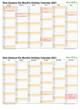 Calendar Vertical Six Months New Zealand Holiday 2021 2 Page