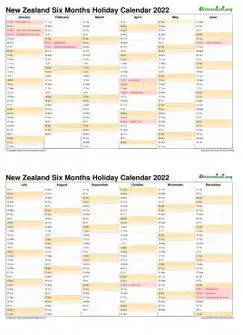Calendar Vertical Six Months New Zealand Holiday 2022 2 Page