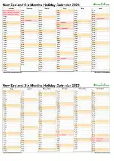 Calendar Vertical Six Months New Zealand Holiday 2023 2 Page