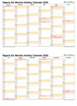 Calendar Vertical Six Months Nigeria Holiday 2020 2 Page