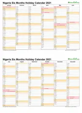 Calendar Vertical Six Months Nigeria Holiday 2021 2 Page