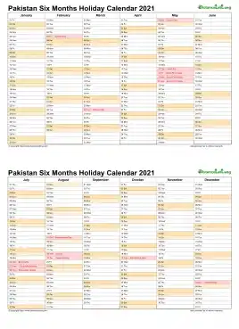 Calendar Vertical Six Months Pakistan Holiday 2021 2 Page
