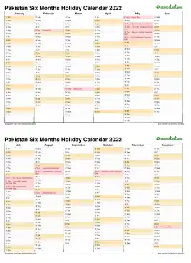 Calendar Vertical Six Months Pakistan Holiday 2022 2 Page