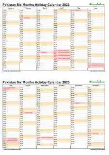 Calendar Vertical Six Months Pakistan Holiday 2023 2 Page