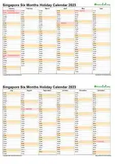 Calendar Vertical Six Months Singapore Holiday 2023 2 Page