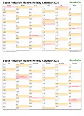 Calendar Vertical Six Months South Africa Holiday 2020 2 Page