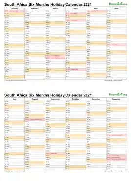 Calendar Vertical Six Months South Africa Holiday 2021 2 Page