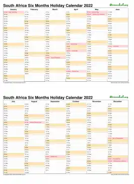 Calendar Vertical Six Months South Africa Holiday 2022 2 Page