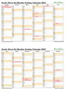 Calendar Vertical Six Months South Africa Holiday 2023 2 Page