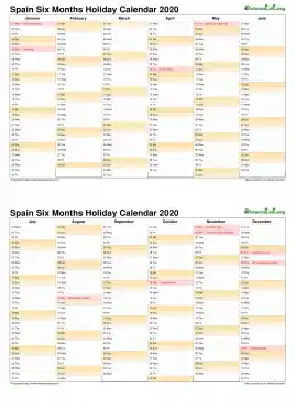 Calendar Vertical Six Months Spain Holiday 2020 2 Page