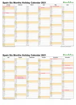 Calendar Vertical Six Months Spain Holiday 2021 2 Page