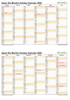 Calendar Vertical Six Months Spain Holiday 2023 2 Page