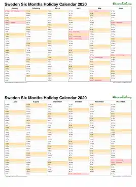 Calendar Vertical Six Months Sweden Holiday 2020 2 Page