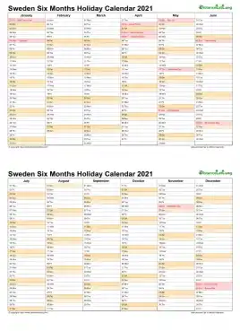 Calendar Vertical Six Months Sweden Holiday 2021 2 Page