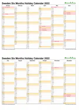 Calendar Vertical Six Months Sweden Holiday 2022 2 Page