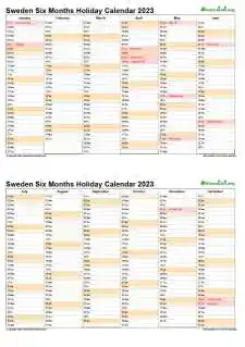 Calendar Vertical Six Months Sweden Holiday 2023 2 Page