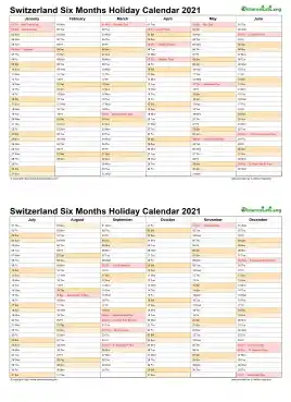 Calendar Vertical Six Months Switzerland Holiday 2021 2 Page