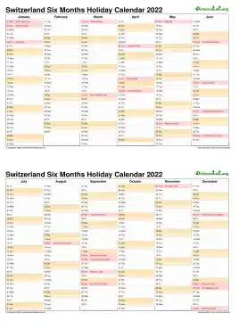 Calendar Vertical Six Months Switzerland Holiday 2022 2 Page