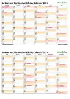 Calendar Vertical Six Months Switzerland Holiday 2023 2 Page