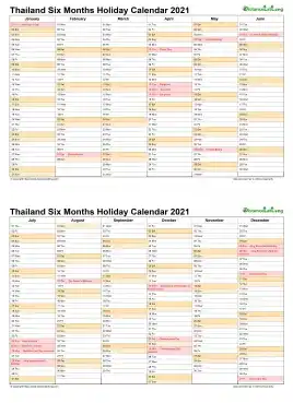 Calendar Vertical Six Months Thailand Holiday 2021 2 Page