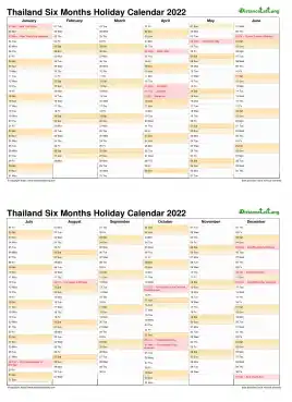 Calendar Vertical Six Months Thailand Holiday 2022 2 Page